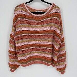 WILLOW & ROOT LOOSE KNIT CROCHET BALLOON SLEEVE SWEATER CREW NECK SMALL